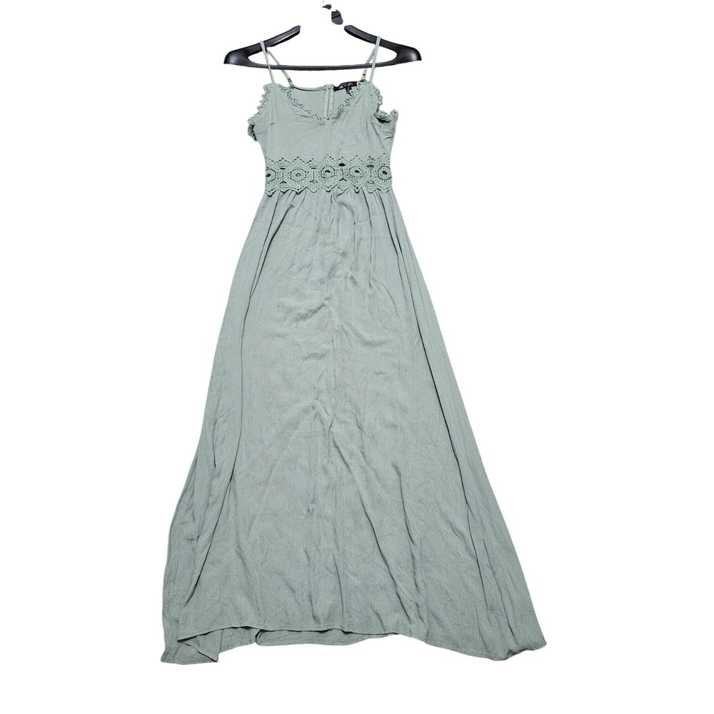 Fairycore Boho Faded Rose Maxi Dress Women Sm Sage Green Crochet Lace Adjustable
